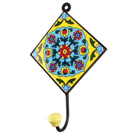 Turquoise Floral Ceramic Tile Hook